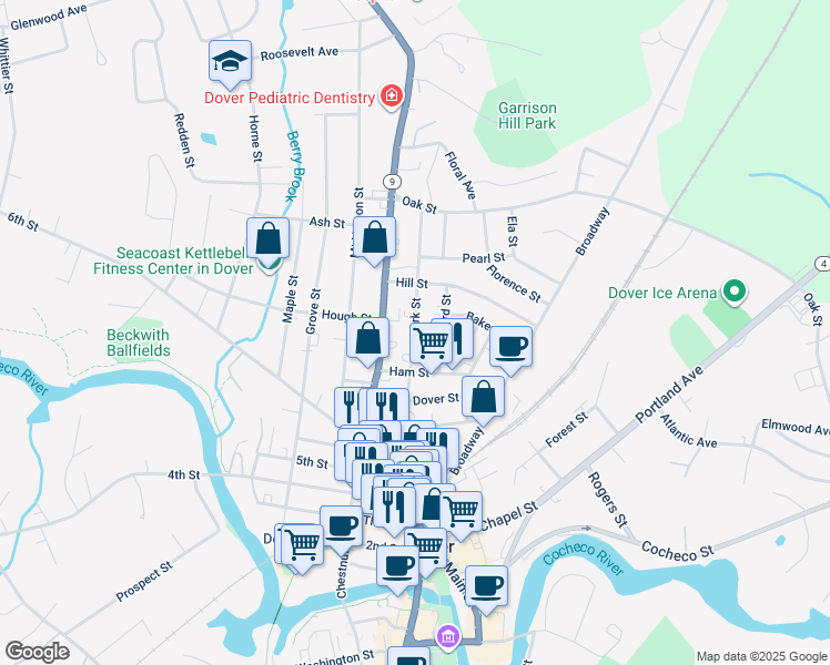 map of restaurants, bars, coffee shops, grocery stores, and more near 629 New Hampshire 108 in Dover
