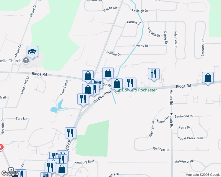 map of restaurants, bars, coffee shops, grocery stores, and more near 654 Preservation Trail in Webster