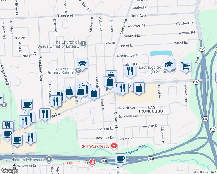 map of restaurants, bars, coffee shops, grocery stores, and more near 59 Walzer Road in Irondequoit