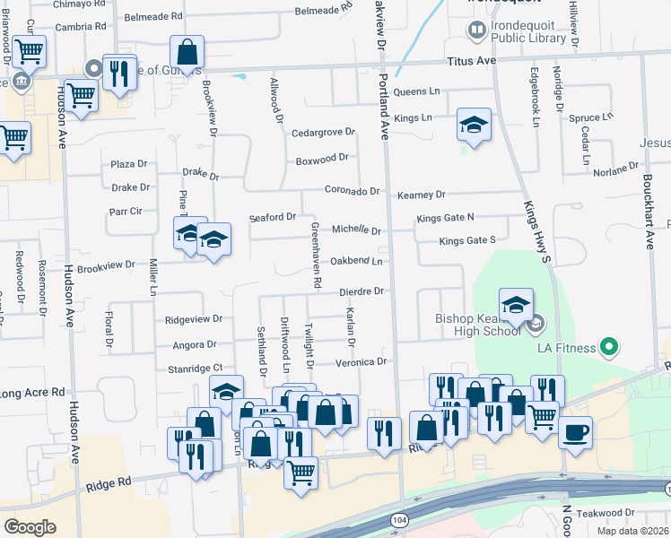 map of restaurants, bars, coffee shops, grocery stores, and more near 36 Oakbend Lane in Rochester