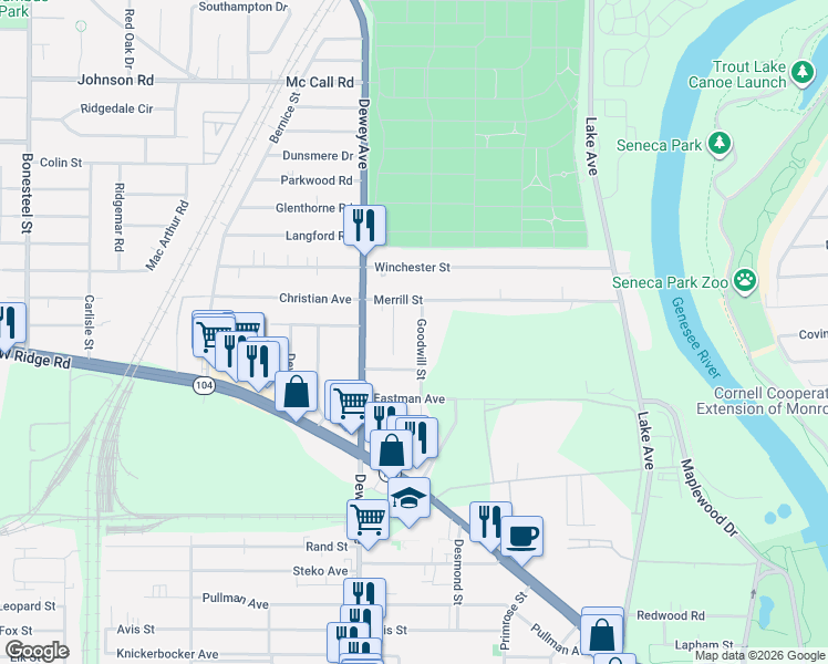 map of restaurants, bars, coffee shops, grocery stores, and more near 289 Merrill Street in Rochester