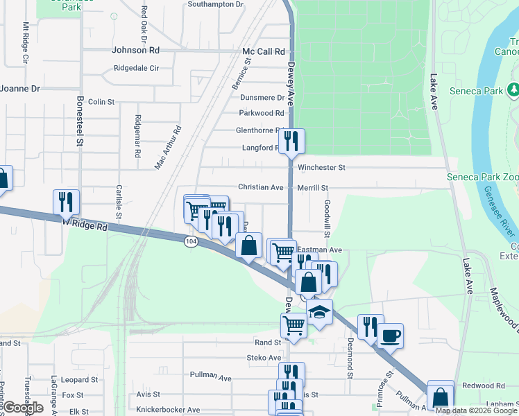 map of restaurants, bars, coffee shops, grocery stores, and more near 39 Christian Avenue in Rochester