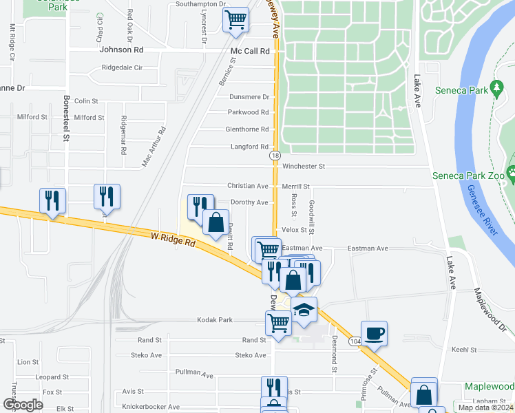 map of restaurants, bars, coffee shops, grocery stores, and more near 33 Dorothy Avenue in Rochester