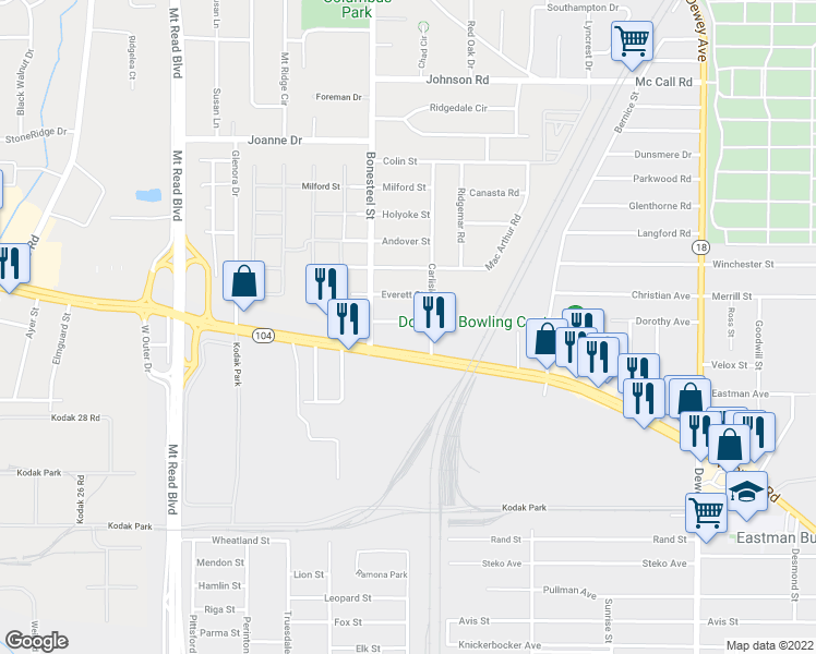 map of restaurants, bars, coffee shops, grocery stores, and more near 53 Maynard Street in Rochester