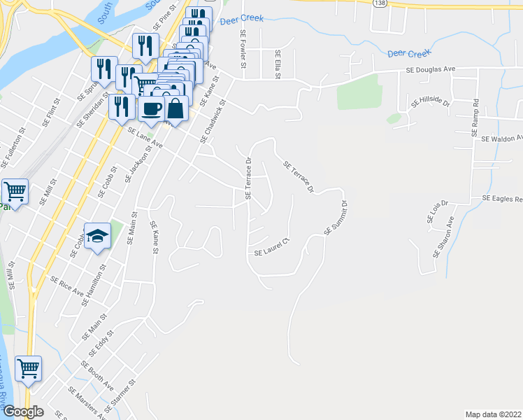 map of restaurants, bars, coffee shops, grocery stores, and more near 1595 Southeast Lane Avenue in Roseburg