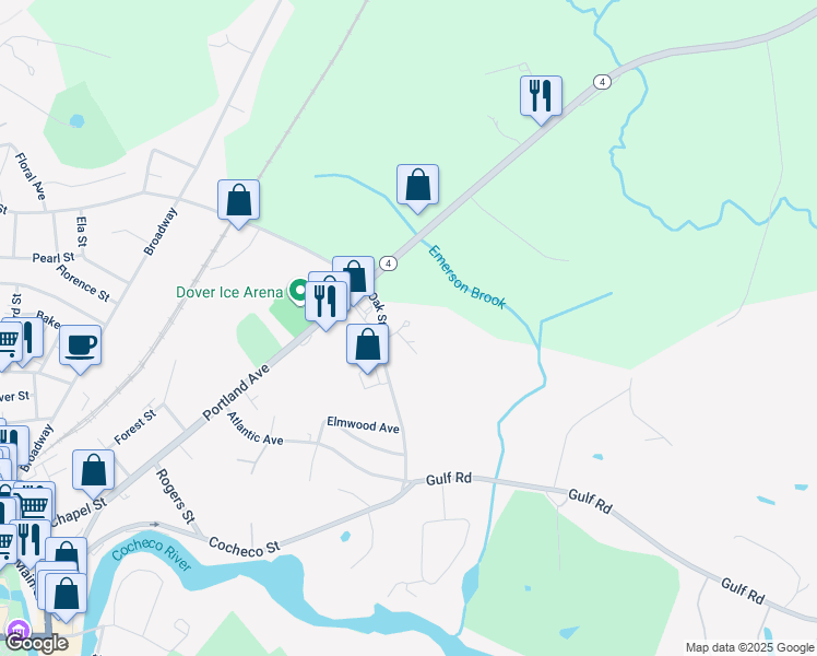 map of restaurants, bars, coffee shops, grocery stores, and more near 99 Oak Street in Dover