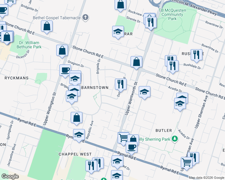 map of restaurants, bars, coffee shops, grocery stores, and more near Josephine Drive in Hamilton