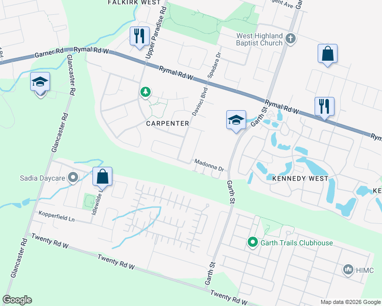 map of restaurants, bars, coffee shops, grocery stores, and more near 44 Medici Lane in Hamilton