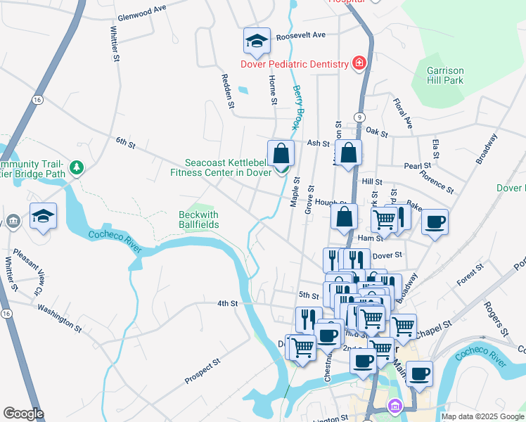 map of restaurants, bars, coffee shops, grocery stores, and more near 11 Horne Street in Dover