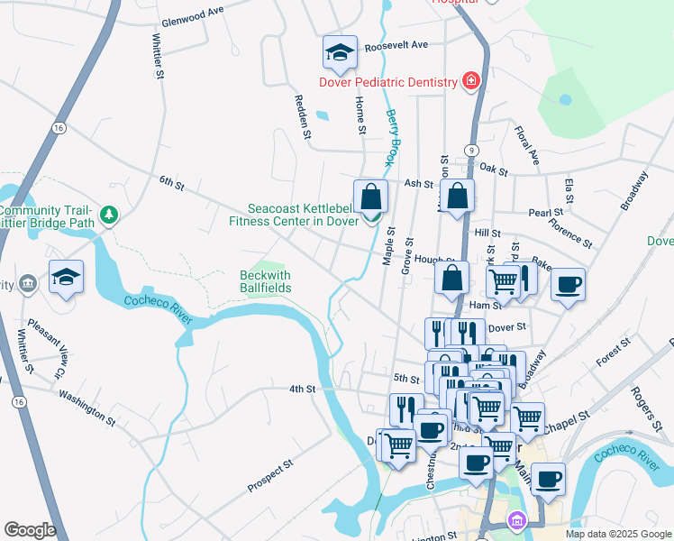 map of restaurants, bars, coffee shops, grocery stores, and more near 11 Horne Street in Dover