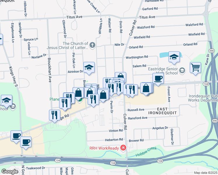 map of restaurants, bars, coffee shops, grocery stores, and more near 59 Walzer Road in Irondequoit