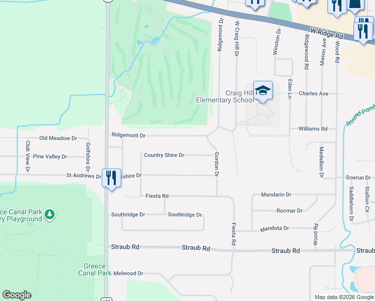 map of restaurants, bars, coffee shops, grocery stores, and more near 86 Country Shire Drive in Rochester