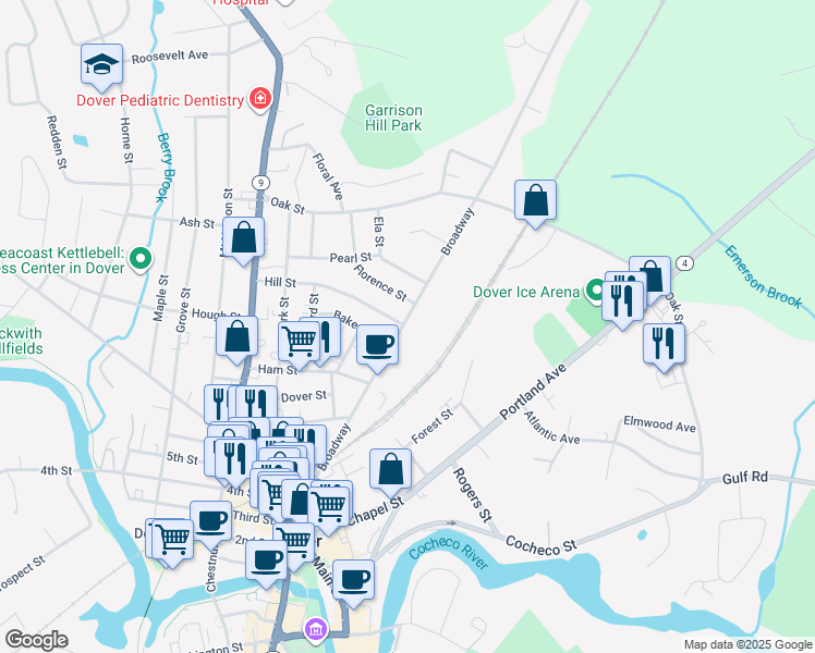 map of restaurants, bars, coffee shops, grocery stores, and more near 99 Broadway in Dover