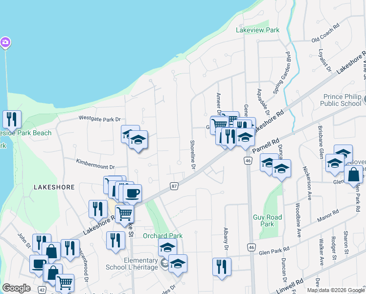 map of restaurants, bars, coffee shops, grocery stores, and more near 18 October Drive in St. Catharines