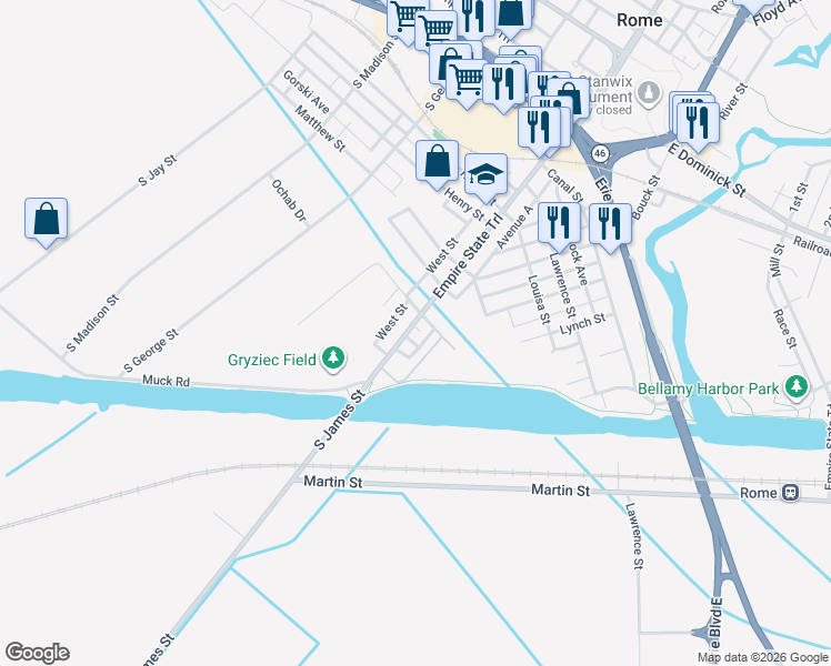 map of restaurants, bars, coffee shops, grocery stores, and more near 708 South James Street in Rome