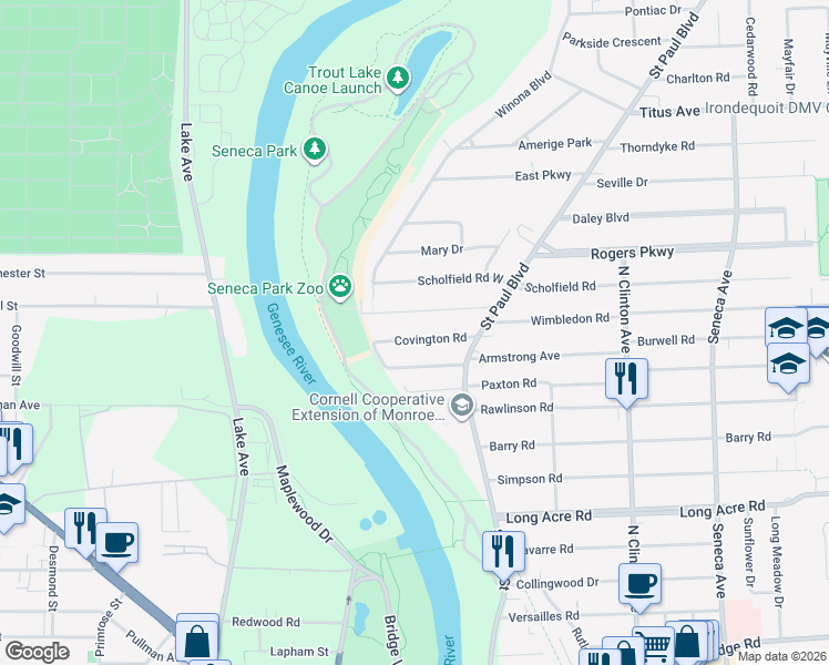 map of restaurants, bars, coffee shops, grocery stores, and more near 89 Maplehurst Road in Irondequoit