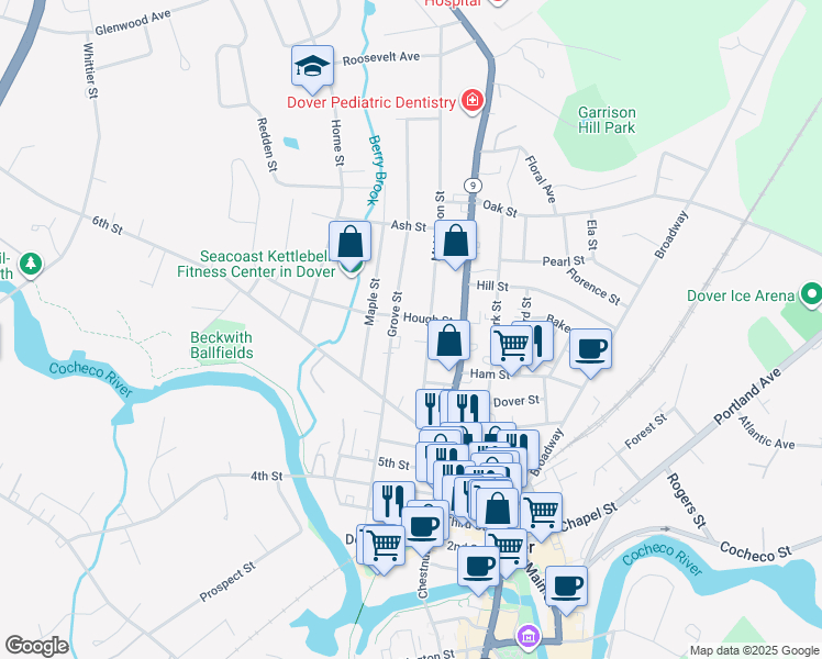 map of restaurants, bars, coffee shops, grocery stores, and more near 25 Hough Street in Dover
