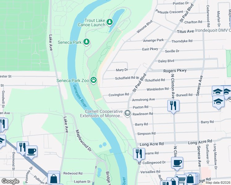 map of restaurants, bars, coffee shops, grocery stores, and more near 89 Maplehurst Road in Irondequoit