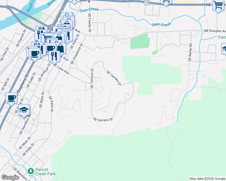 map of restaurants, bars, coffee shops, grocery stores, and more near 345 Southeast Terrace Drive in Roseburg