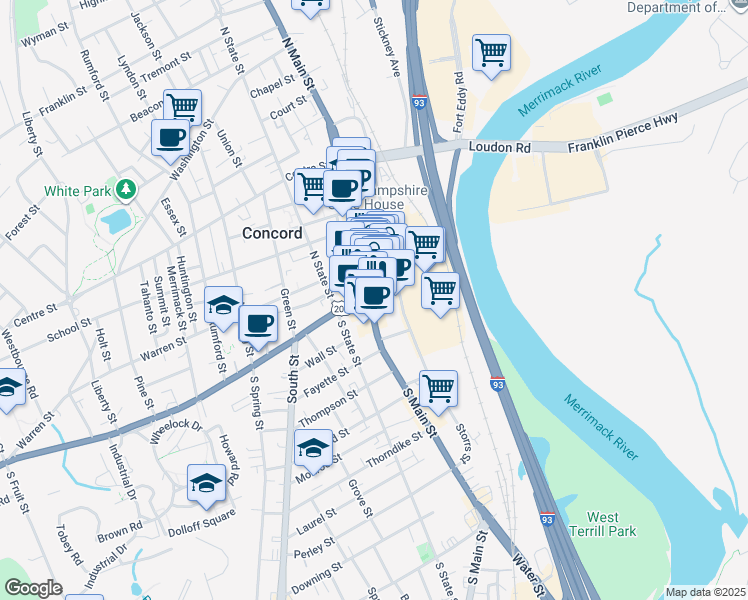 map of restaurants, bars, coffee shops, grocery stores, and more near 3 South Main Street in Concord