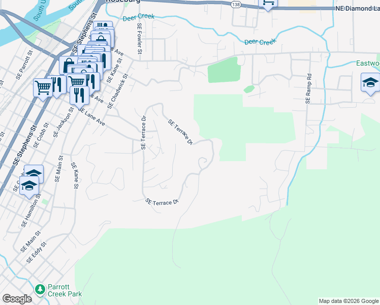 map of restaurants, bars, coffee shops, grocery stores, and more near 345 Southeast Terrace Drive in Roseburg