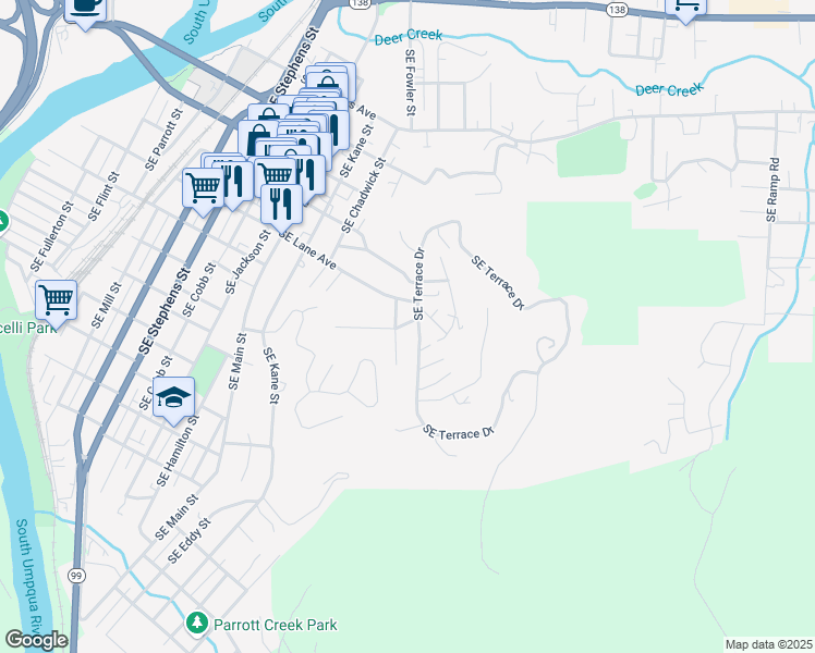 map of restaurants, bars, coffee shops, grocery stores, and more near 846 Southeast Glenn Street in Roseburg