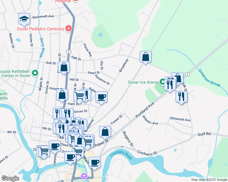 map of restaurants, bars, coffee shops, grocery stores, and more near 104 Broadway in Dover