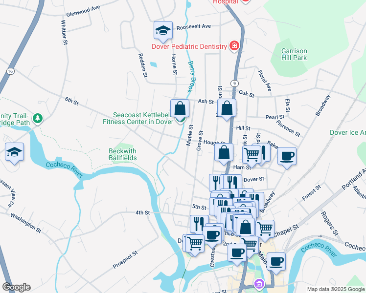 map of restaurants, bars, coffee shops, grocery stores, and more near 32 Hough Street in Dover