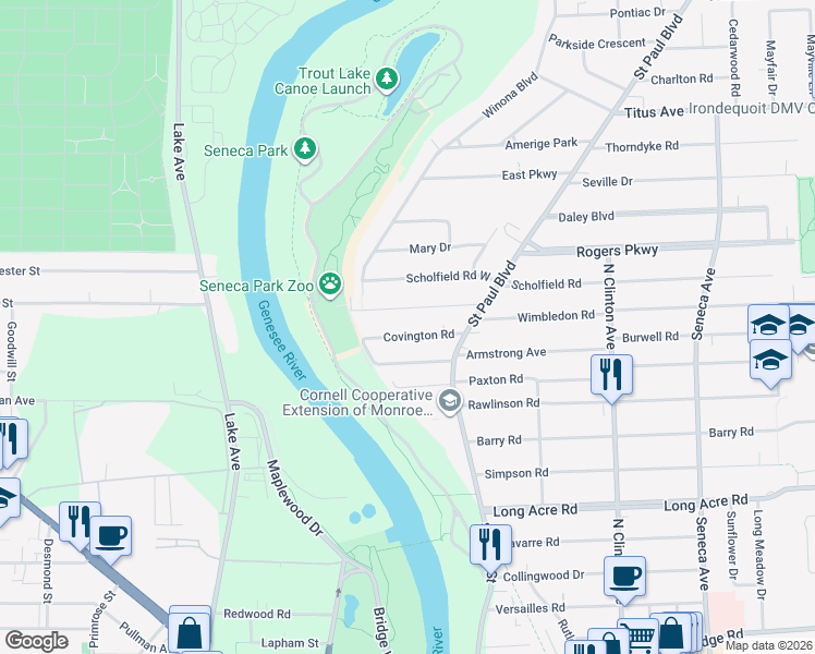 map of restaurants, bars, coffee shops, grocery stores, and more near 89 Maplehurst Road in Irondequoit