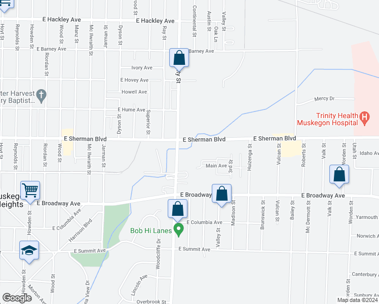 map of restaurants, bars, coffee shops, grocery stores, and more near 919 East Sherman Boulevard in Norton Shores
