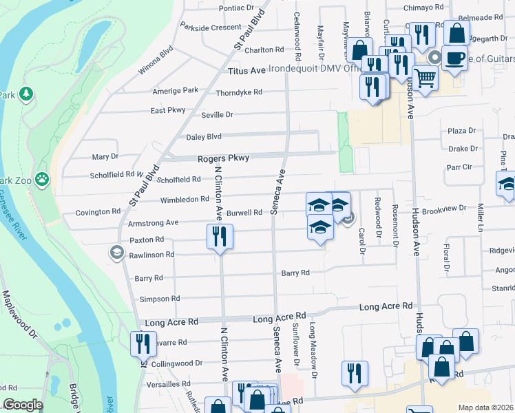 map of restaurants, bars, coffee shops, grocery stores, and more near 281 Wimbledon Road in Irondequoit
