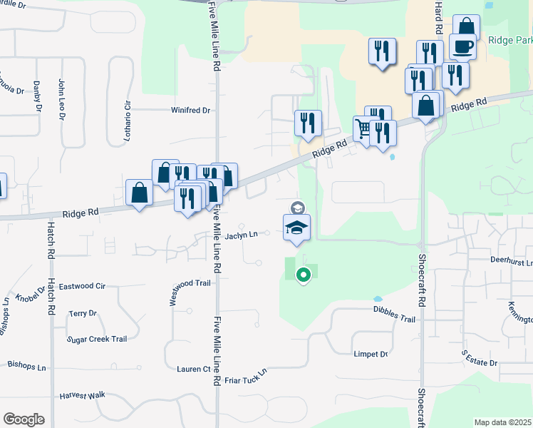 map of restaurants, bars, coffee shops, grocery stores, and more near 71 Southfield Drive in Webster
