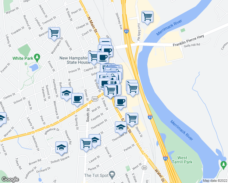 map of restaurants, bars, coffee shops, grocery stores, and more near 1 South Main Street in Concord