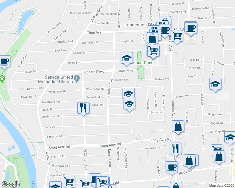 map of restaurants, bars, coffee shops, grocery stores, and more near 166 Burwell Road in Rochester