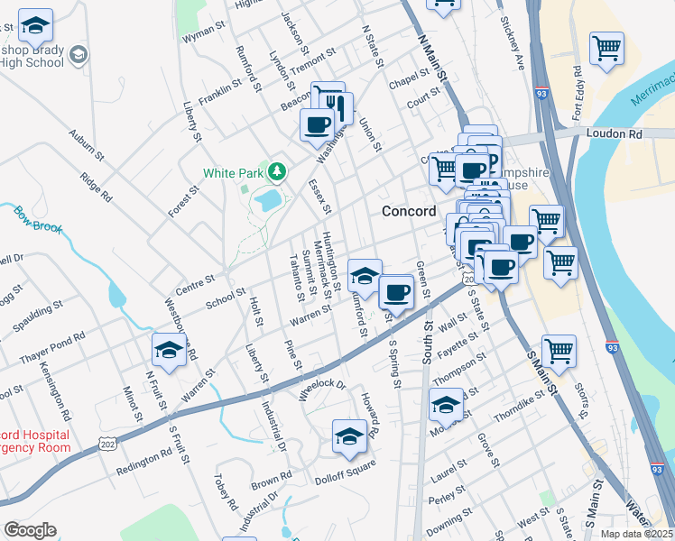 map of restaurants, bars, coffee shops, grocery stores, and more near 42 Rumford Street in Concord