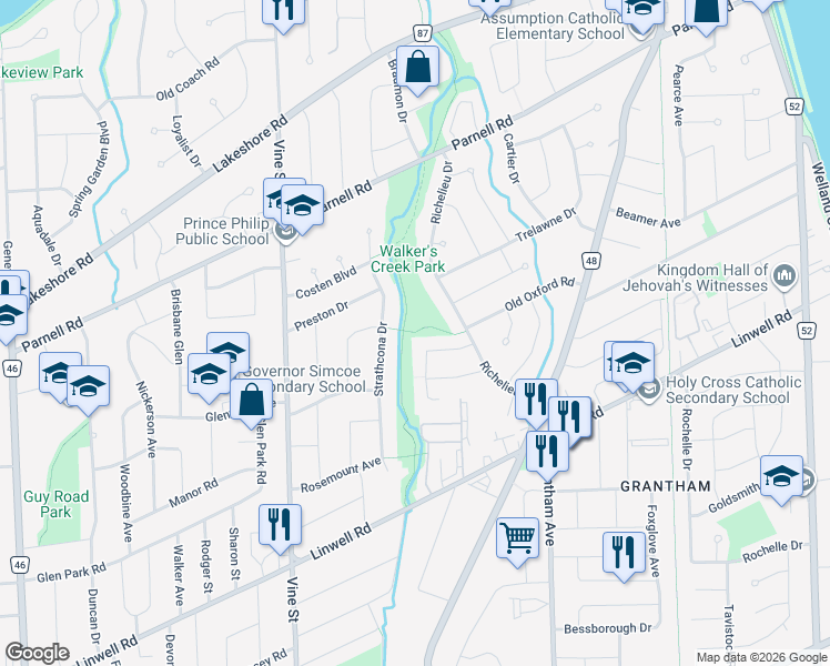 map of restaurants, bars, coffee shops, grocery stores, and more near Walker's Creek Trail in St. Catharines