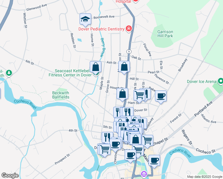 map of restaurants, bars, coffee shops, grocery stores, and more near 22 Hough Street in Dover