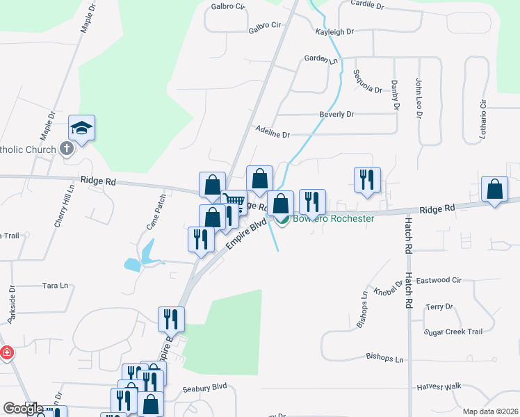 map of restaurants, bars, coffee shops, grocery stores, and more near 621 Ridge Road in Webster