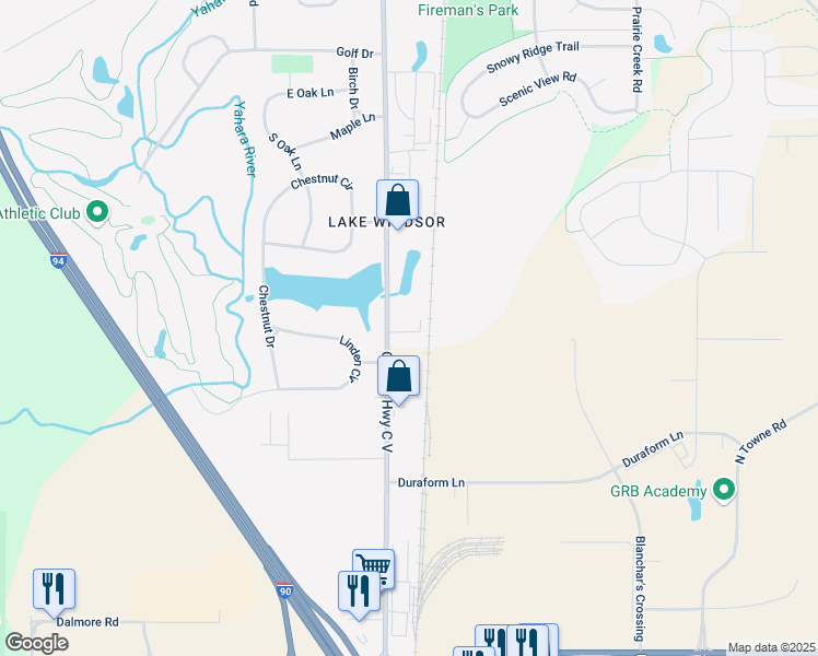 map of restaurants, bars, coffee shops, grocery stores, and more near 6512 Lake Road in Windsor