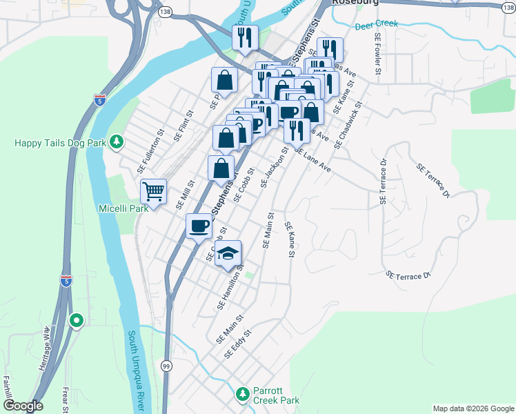 map of restaurants, bars, coffee shops, grocery stores, and more near 1131 Southeast Jackson Street in Roseburg