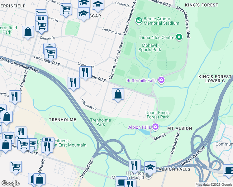 map of restaurants, bars, coffee shops, grocery stores, and more near 1350 Limeridge Road East in Hamilton