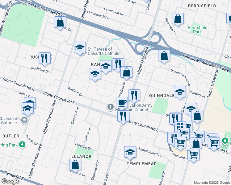 map of restaurants, bars, coffee shops, grocery stores, and more near 216 Ravenbury Drive in Hamilton