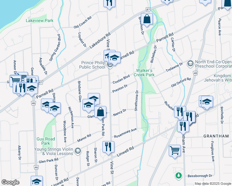 map of restaurants, bars, coffee shops, grocery stores, and more near 35 Marvin Drive in Saint Catharines