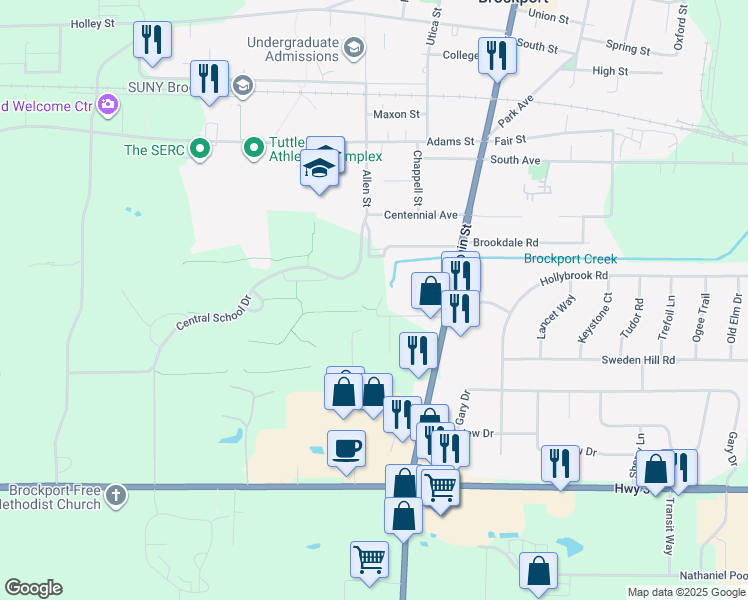 map of restaurants, bars, coffee shops, grocery stores, and more near 608 Ellis Drive in Brockport