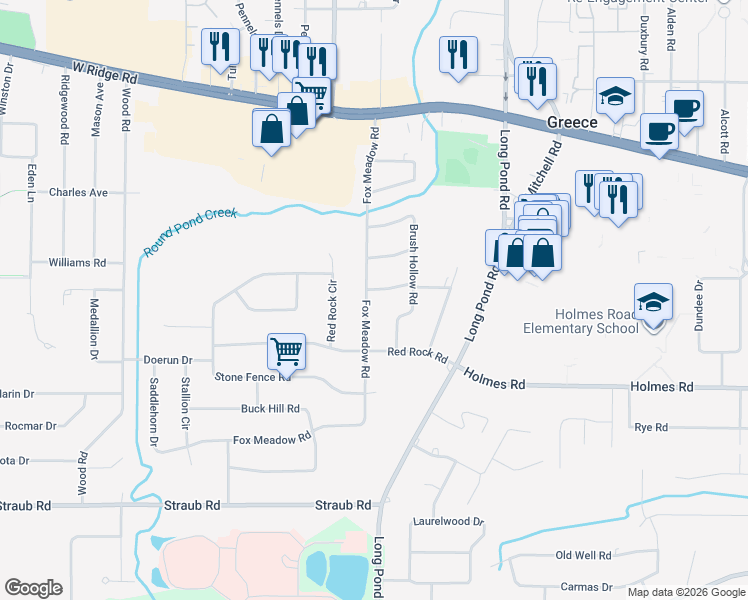 map of restaurants, bars, coffee shops, grocery stores, and more near 15 Gayla Drive in Rochester