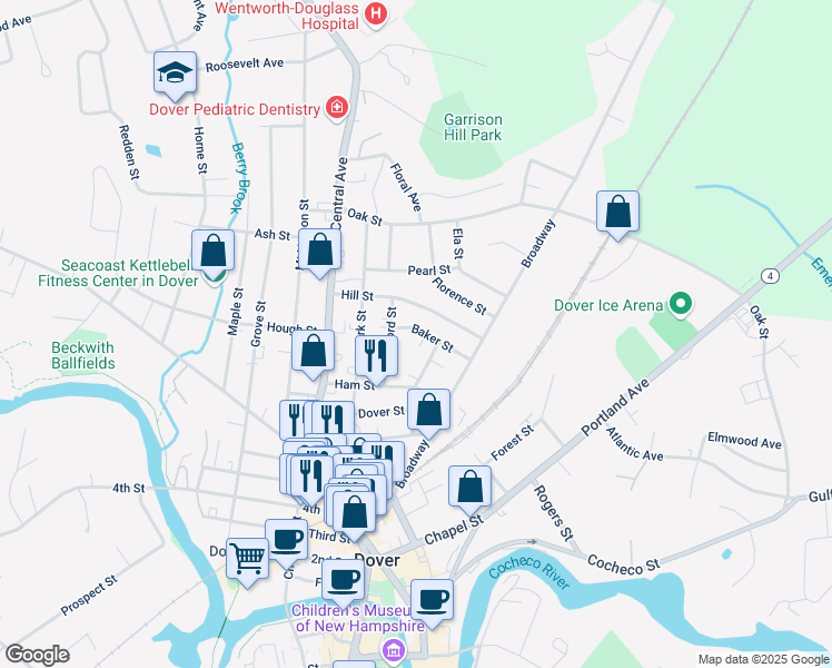 map of restaurants, bars, coffee shops, grocery stores, and more near 28 Baker Street in Dover