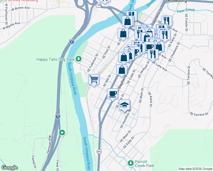 map of restaurants, bars, coffee shops, grocery stores, and more near 1312 Southeast Mill Street in Roseburg