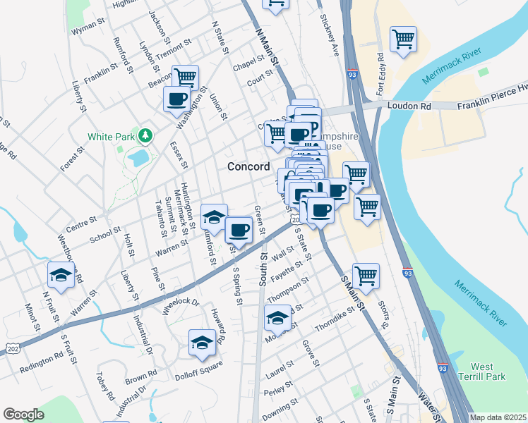 map of restaurants, bars, coffee shops, grocery stores, and more near 19 Green Street in Concord