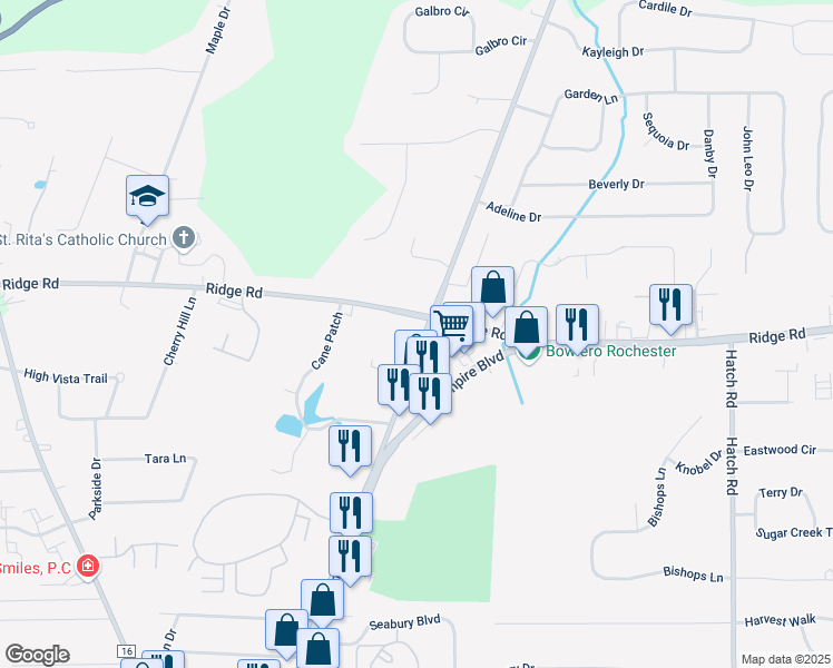 map of restaurants, bars, coffee shops, grocery stores, and more near 587 Ridge Road in Webster