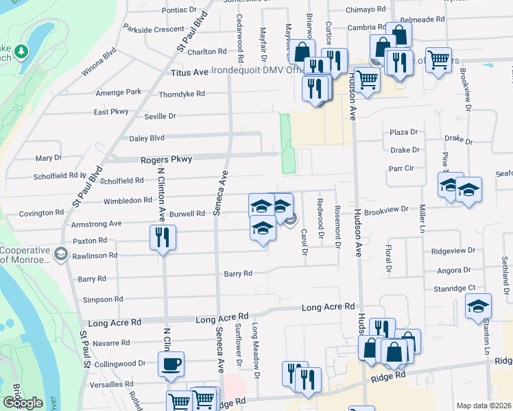 map of restaurants, bars, coffee shops, grocery stores, and more near 395 Wimbledon Road in Rochester